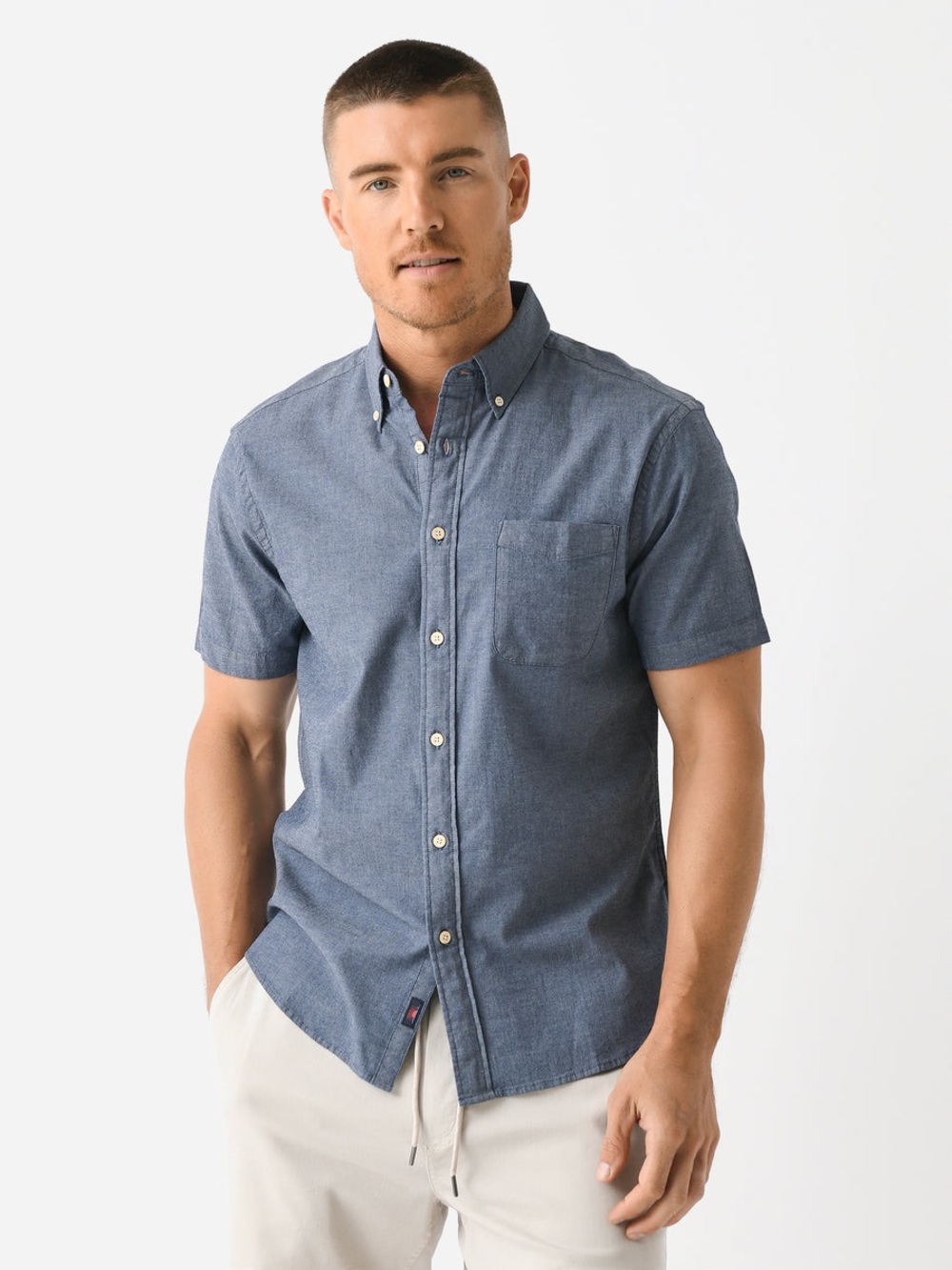 Faherty Playa Shirt XXL Blue Chambray Short Sleeve Button Down Cotton EUC
